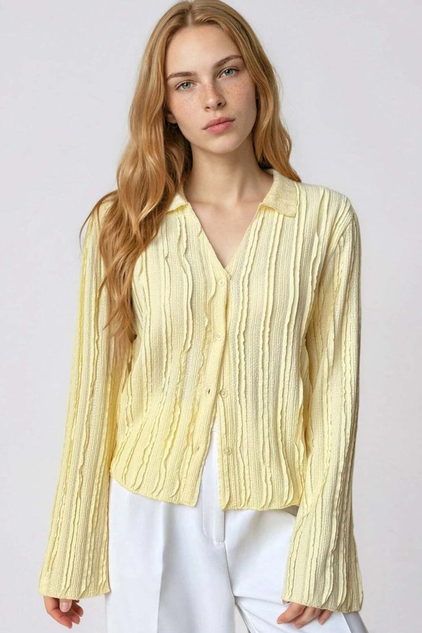 Trend Alaçatı Stili Yellow V-Neck Spanish Sleeve Ruffle Fabric Shirt Alc-X15404