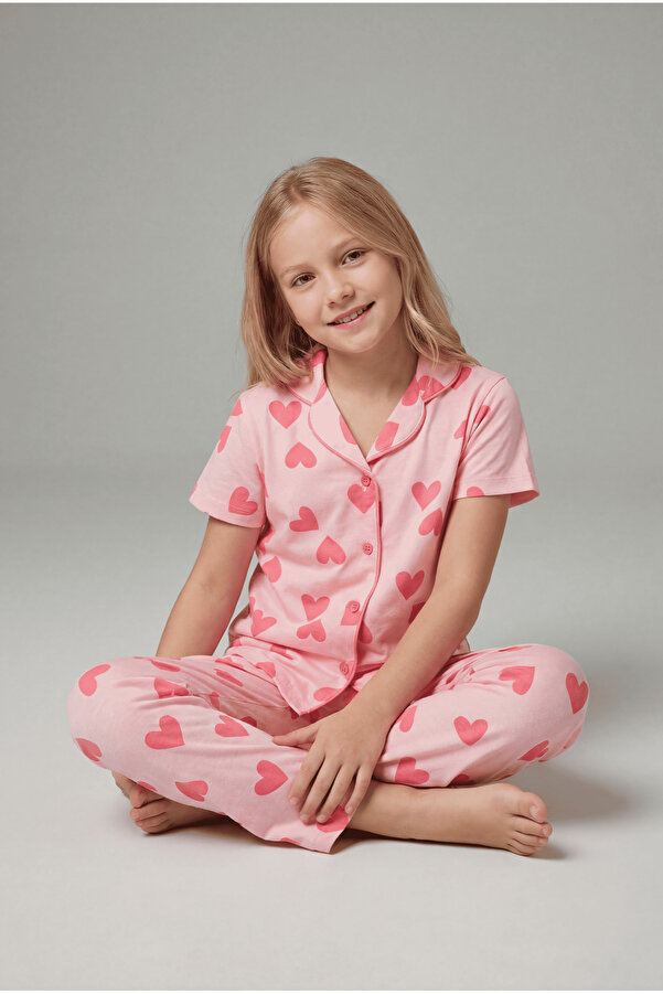 vitmo Kız Çocuk Kısa Kollu %100 Pamuklu Düğmeli Pijama Takımı Soft Heart