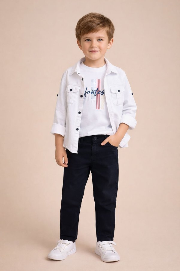 Cansın Mini Ecru Long Sleeve Buttoned Shirt and T-Shirt Boys' 3-Piece Trouser Set 23758