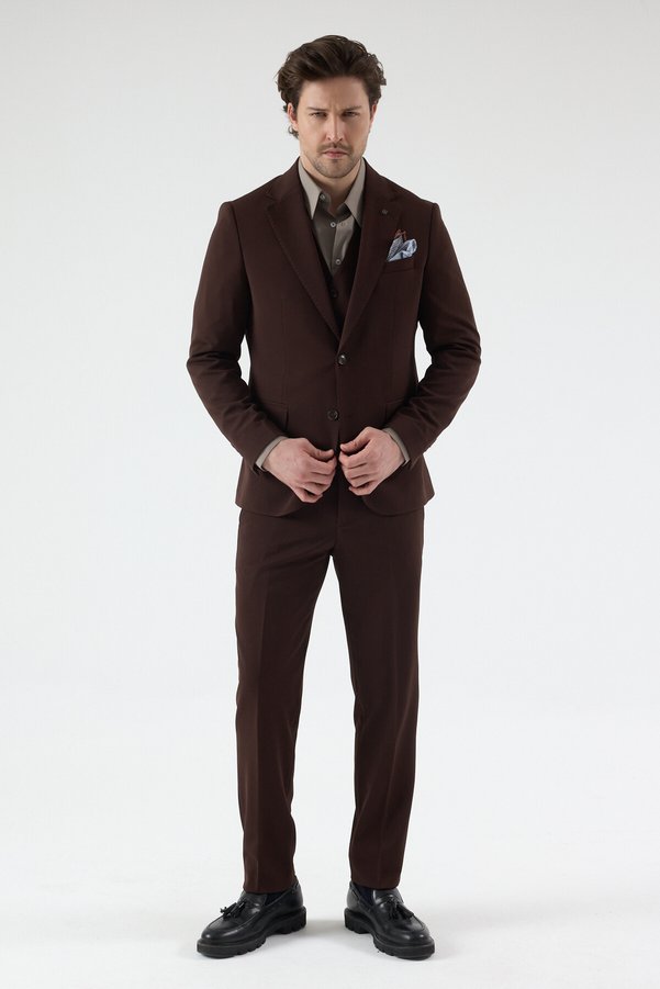 Frappoli Pique Men's Brown Poly Viscose Fabric Knitted Jacket+Pants+ Vest Set Slim Fit Suit