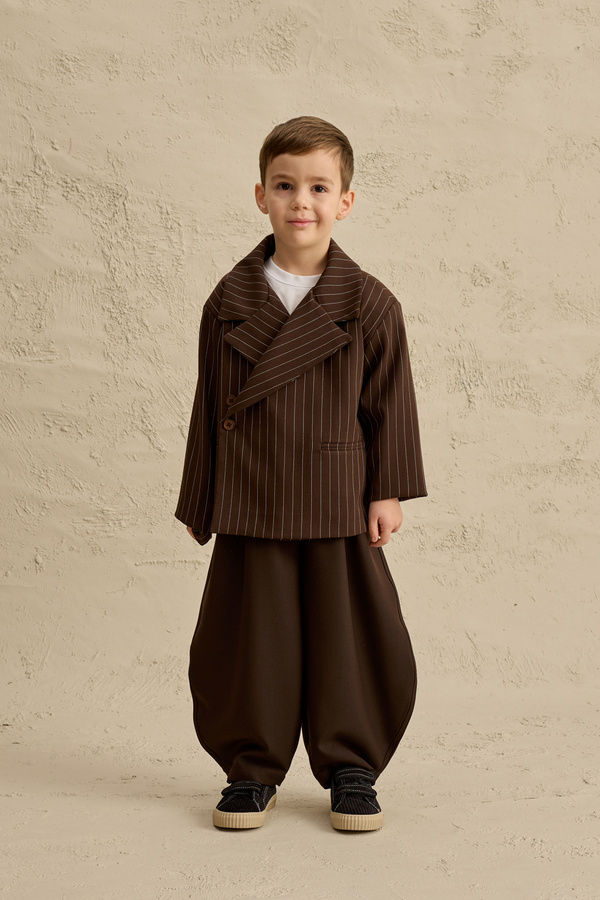 Fahhar Kids Geniş Yaka Çizgili Blazer Ceket Kahverengi