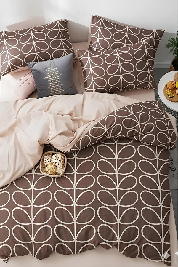 İQON Lastikli Çarşaflı Nevresim Takımı Çift Kişilik Retro Kahve