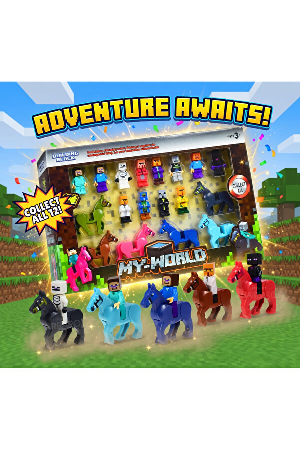 Natavanbutık 🧱🎮 My World Blok Karakter ve At Figür Seti 🎮🧱 – 18 Parça Koleksiyon Oyuncak