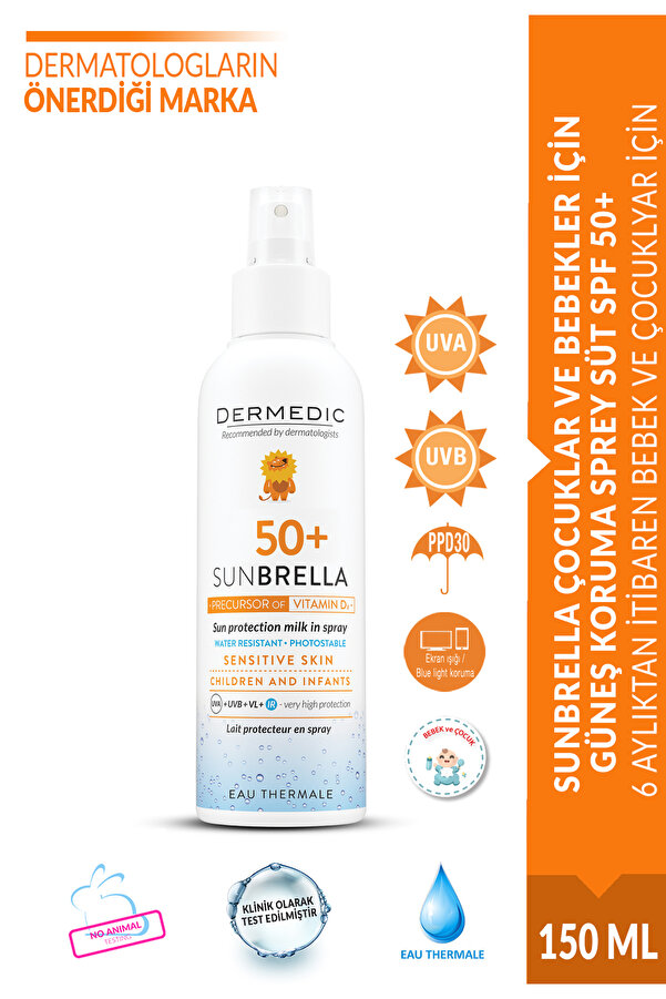 DERMEDIC SUNBRELLA ÇOCUKLAR VE BEBEKLER İÇİN GÜNEŞ KORUMA SPREY SÜT SPF 50+ 150 ML