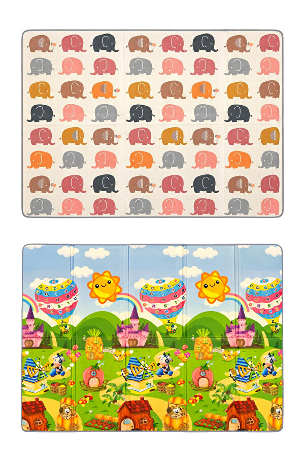 Coolmats Katlanabilir Oyun Matı Çift Taraflı Baloncu Fil Ailesi - Macera Köyü 200x130x1 cm