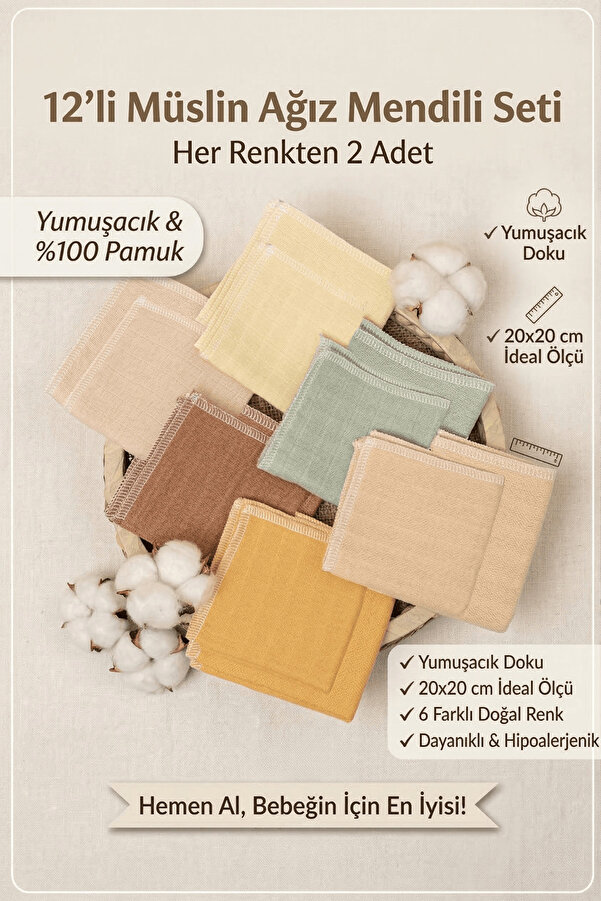 LUCKKA 12'li Müslin Ağız Mendili , Ter Bezi Çift Kat Dikimli 20x20 - Zt0011
