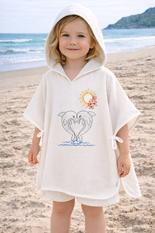 Tomuycuk %100 Pamuklu Müslin Ekru Pareo Havlu - Özel Nakışlı Bebek & Çocuk Plaj ve Banyo Panço (0-2 Yaş)