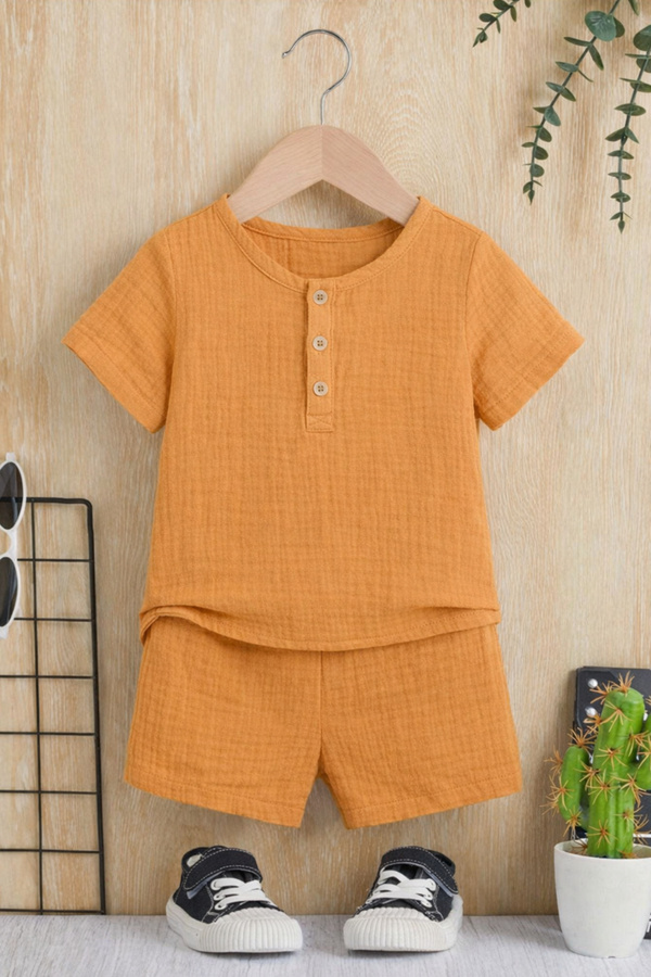 Bubito Unisex Bebek&Çocuk %100 Pamuklu Düğmeli Müslin Alt Üst Şort Takım-Tarçın