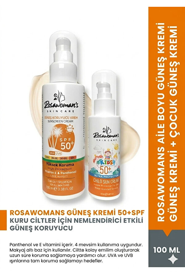 Rosawomans Güneş Kremi 100 ml Çocuk Güneş Kremi 50 ml +50spf 2'li Aile Boyu Set