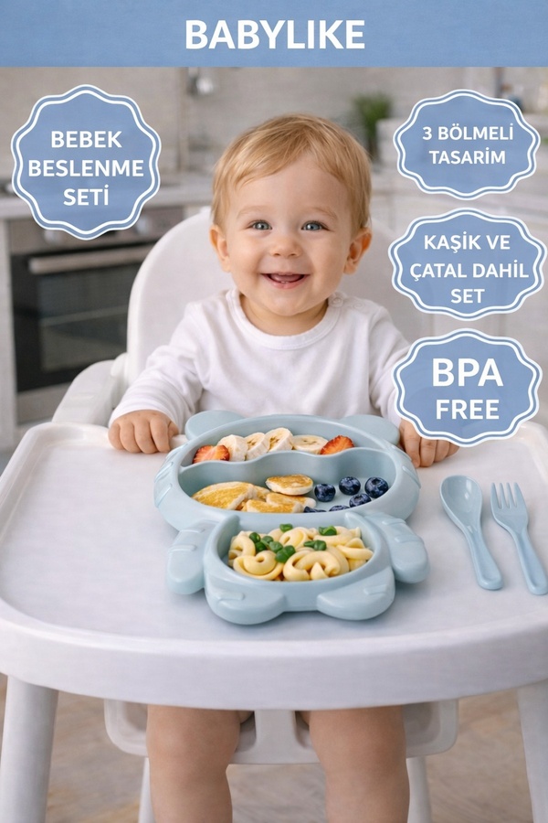 Babylike Bölmeli Bebek Beslenme Tabağı – Kaşıklı Çatallı Çocuk Mama Tabağı BPA Free Bebek Beslenme Seti