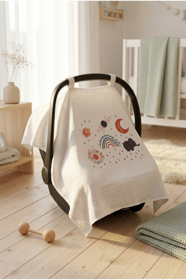 bebeqon %100 Müslin Bebek Puset Örtüsü Bohem Desenli Beyaz 70x110 cm