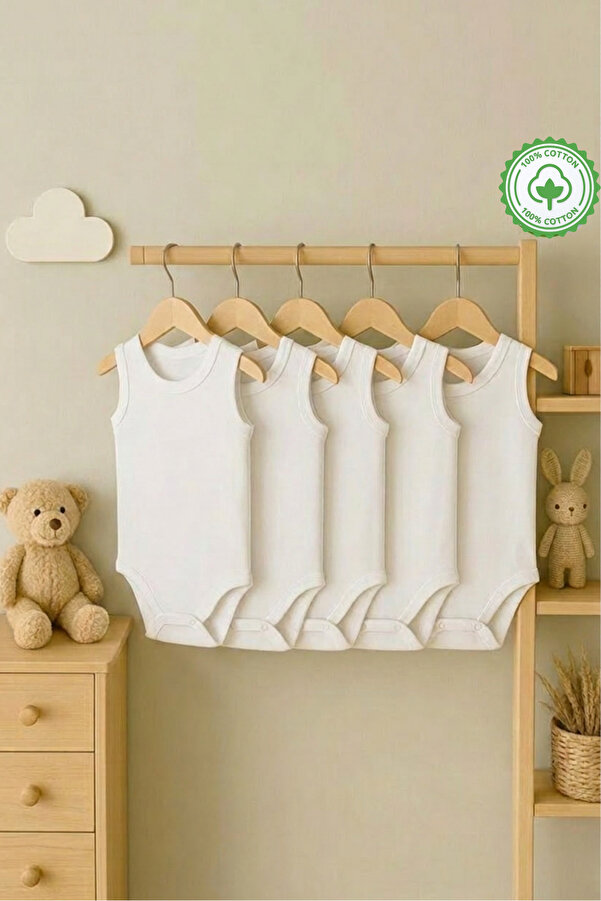 bebeqon %100 Pamuk Kolsuz Bebek Body 5’li Set Beyaz Çıtçıtlı Zıbın