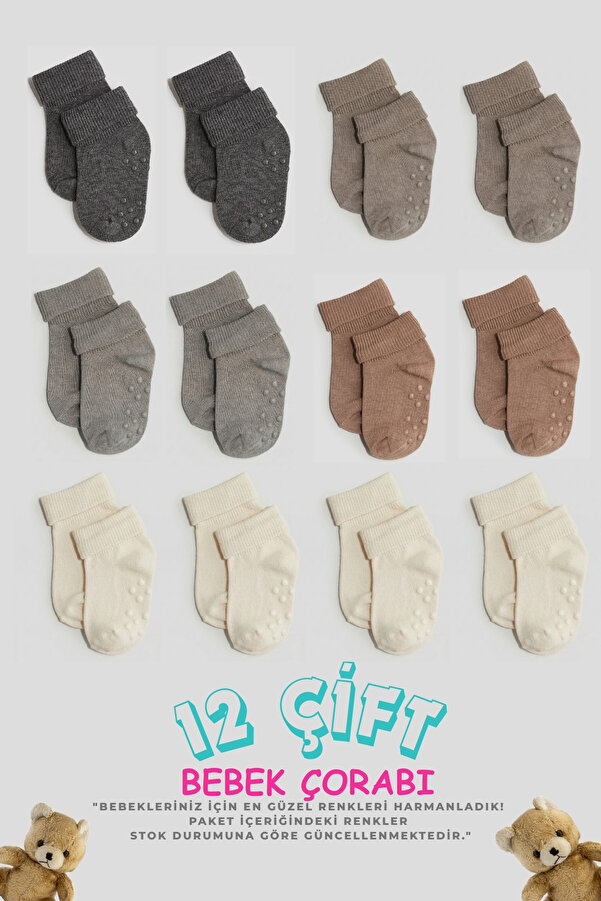 CNT Erkek / Kız Bebek Kaydırmaz Taban Pamuklu Yumuşak Çorap – 12’li Paket