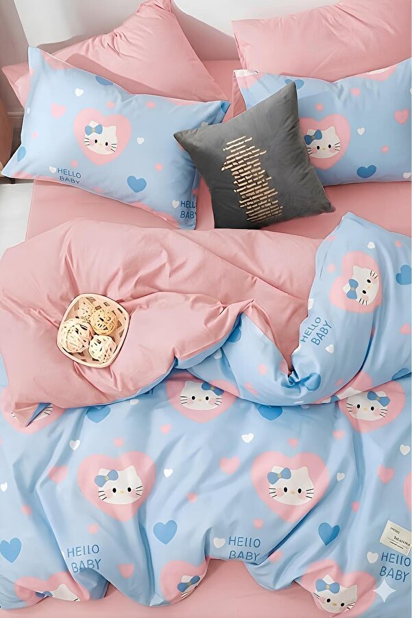 İQON Lastikli Çarşaflı Nevresim Takımı Tek Kişilik Hello Kitty Turkuaz
