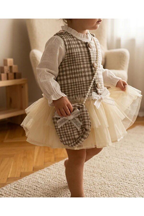 TA&CE Kız Çocuk Ekose Jile Elbise Takımı - İnci Detaylı Mini Çantalı Vintage Tasarım 3-18 AY