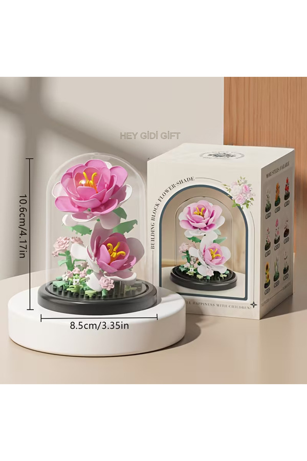 HEY GİDİ GİFT Fanuslu Çiçek Serisi – Zarif Pembe Gül (157PCS) – Mini Blok Yapı Oyuncakları Seti