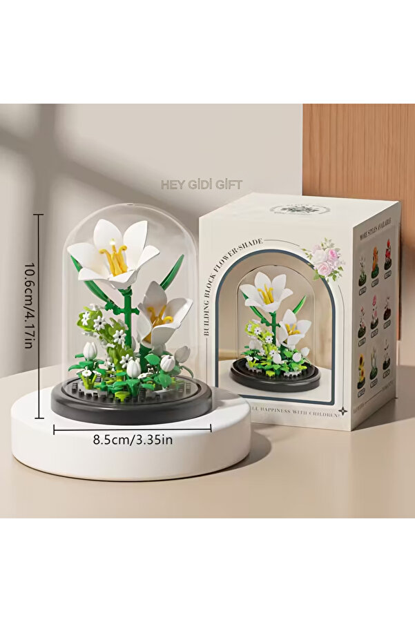 HEY GİDİ GİFT Fanuslu Çiçek Serisi – Asil Beyaz Zambak – Mini Blok Yapı Oyuncakları Seti