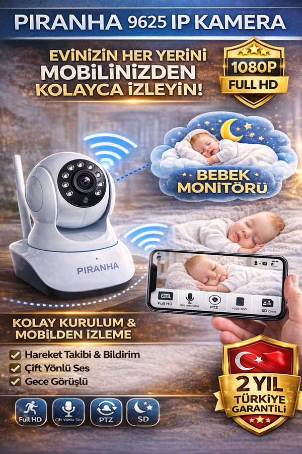 POLYBOTUM Piranha 9625 WiFi IP Kamera 1080P Güvenlik Kamerası Gece Görüşlü Bebek İzleme Kamera