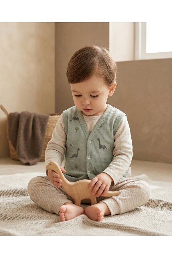 Minory Baby - %100 Pamuk Bebek Yeleği | Dinozor Motifli