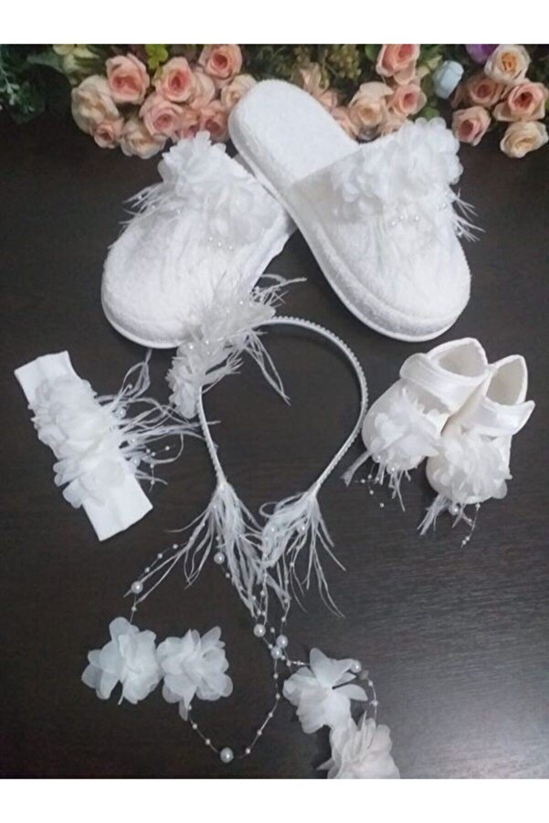 Empressco Bebek ve anne için şık ve rahat terlik, taç, patik ve bandana seti