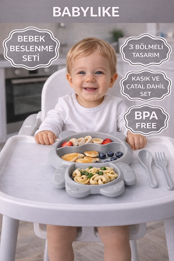 Babylike Bölmeli Bebek Beslenme Tabağı – Kaşıklı Çatallı Çocuk Mama Tabağı BPA Free Bebek Beslenme Seti