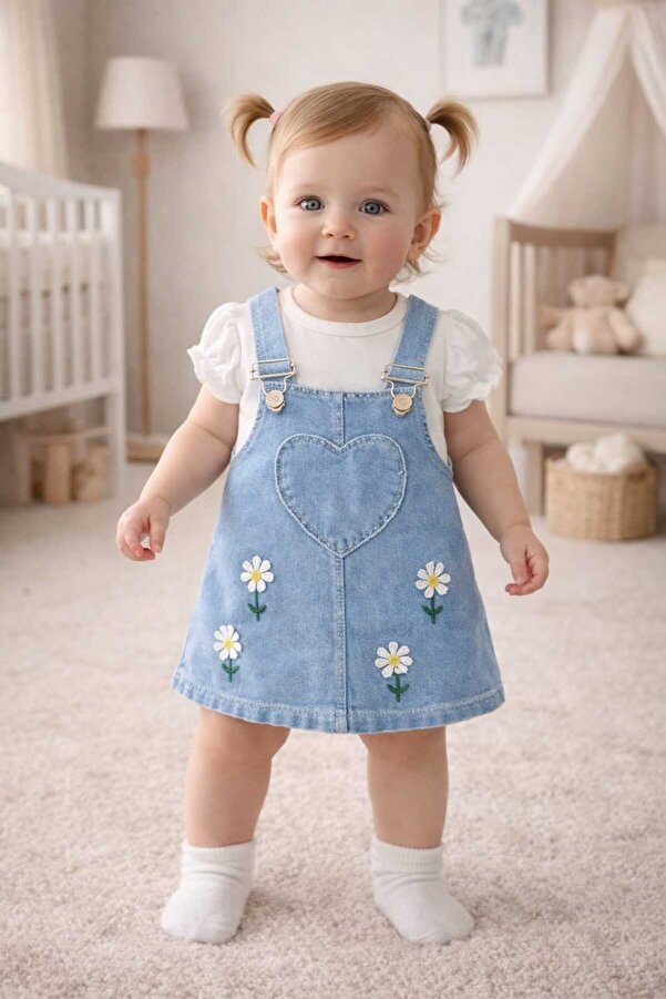 BEBEXO KIDS Kız Bebek Salopet Papatya Nakışlı Kot Jile ve Bluz Takım/Bayramlık Elbise 6-9/9-12/12-18/18-24 AY