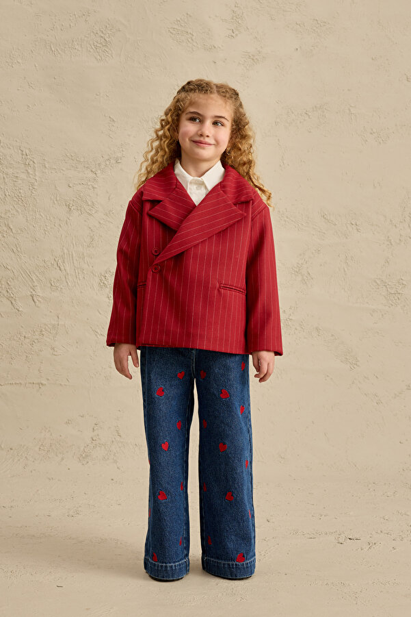 Fahhar Kids Geniş Yaka Çizgili Blazer Ceket Kırmızı