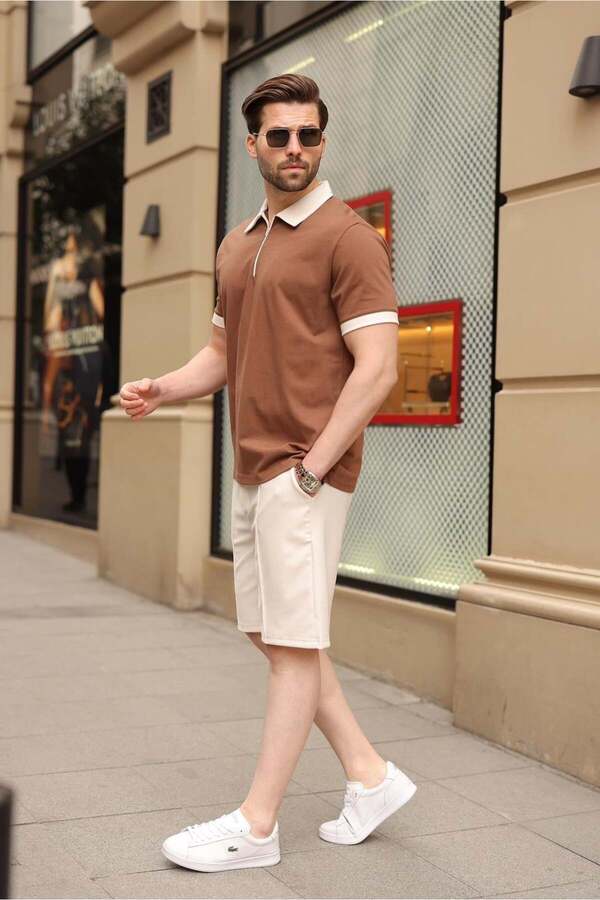 Madmext Brown 100% Cotton Piece Polo Collar Shorts T-Shirt Set E7358