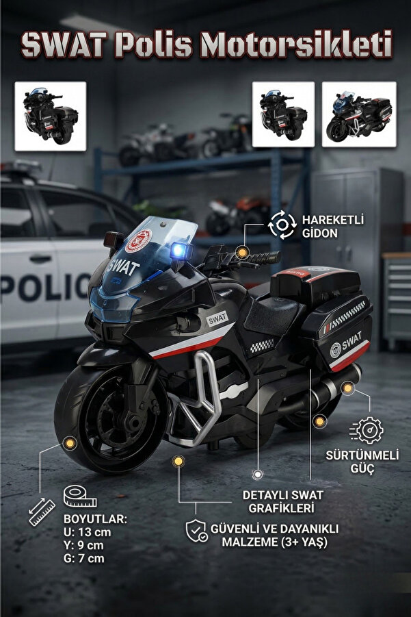 craftivio SWAT Polis Motorsikleti Sürtünmeli Hareketli Gidonlu Oyuncak Motor