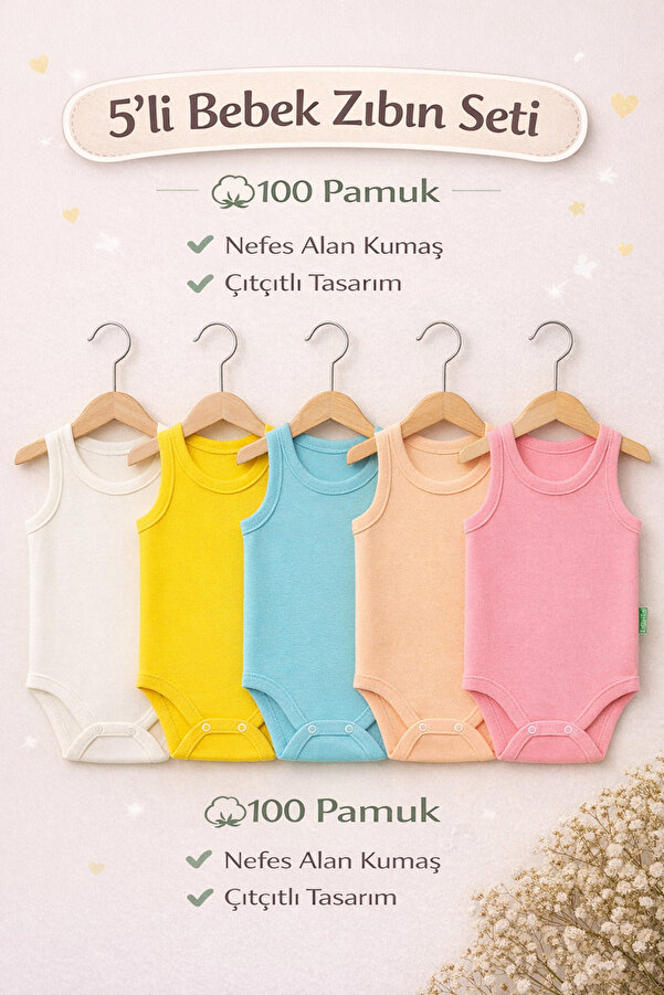 Vivolas %100 Pamuk 5'li Bebek Çıtçıtlı Body Atlet Seti Renkli Zıbın Kız & Erkek 0-4 Yaş