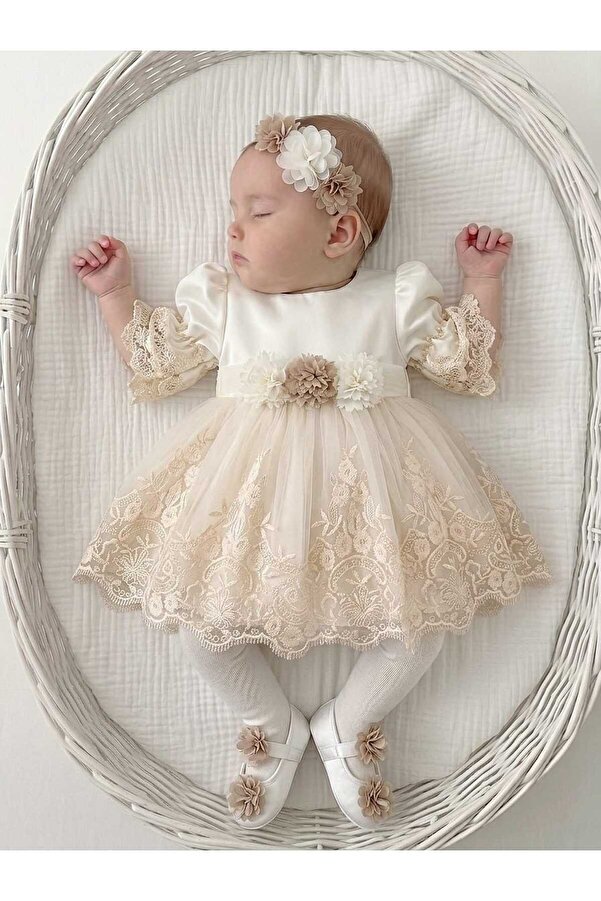 Panfilia Kız Bebek Güpürlü / Dantelli 4'lü Mevlüt Düğün Elbise Seti