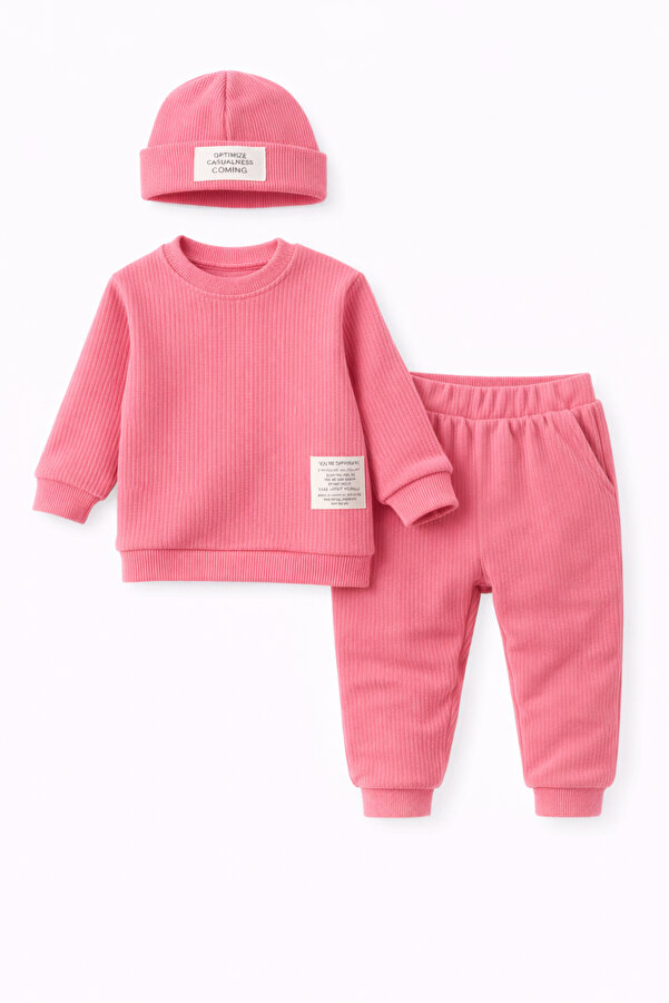 Bubito Şapkalı Arma Detaylı Waffle 3'lü Alt Üst Takım Seti-pembe