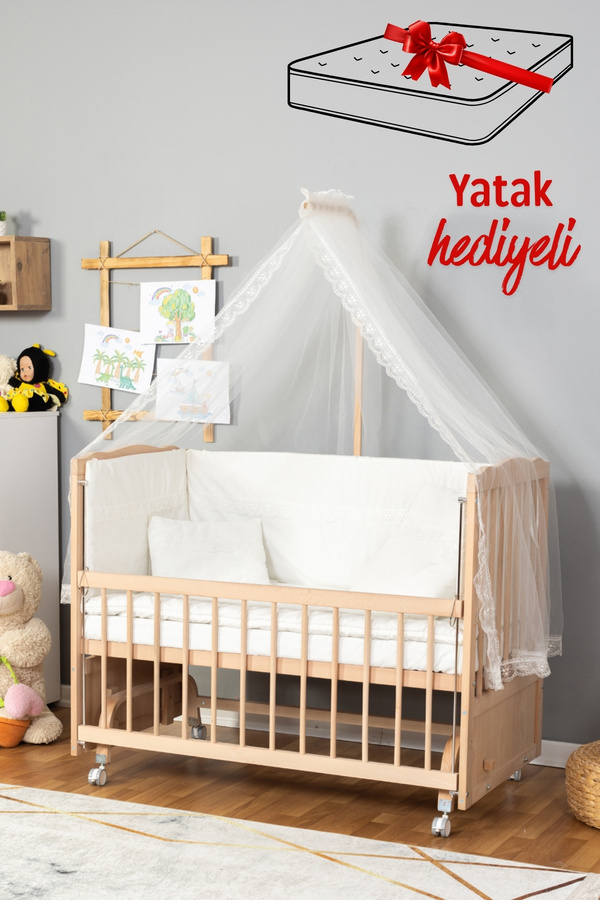 Bamgidoo Doğal Ahşap Anne Yanı Beşik Yeni Doğan Bebek (BOYASIZ)60x120 Krem Güpürlü Uyku Seti Yatak Tekerlekli