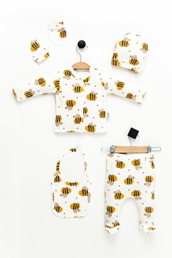 NEU KIDS Hastane Çıkışı 100% Pamuk Arı Baskılı Yenidoğan 5li Set Bebek Kıyafeti