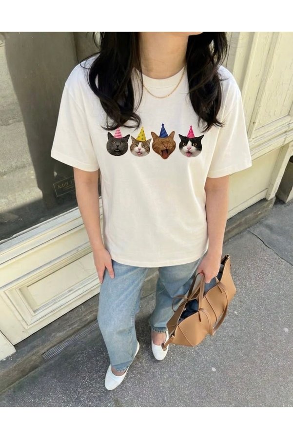 Disante Pawty Time Printed Crew Neck Oversize Trendy Women's T-Shirt