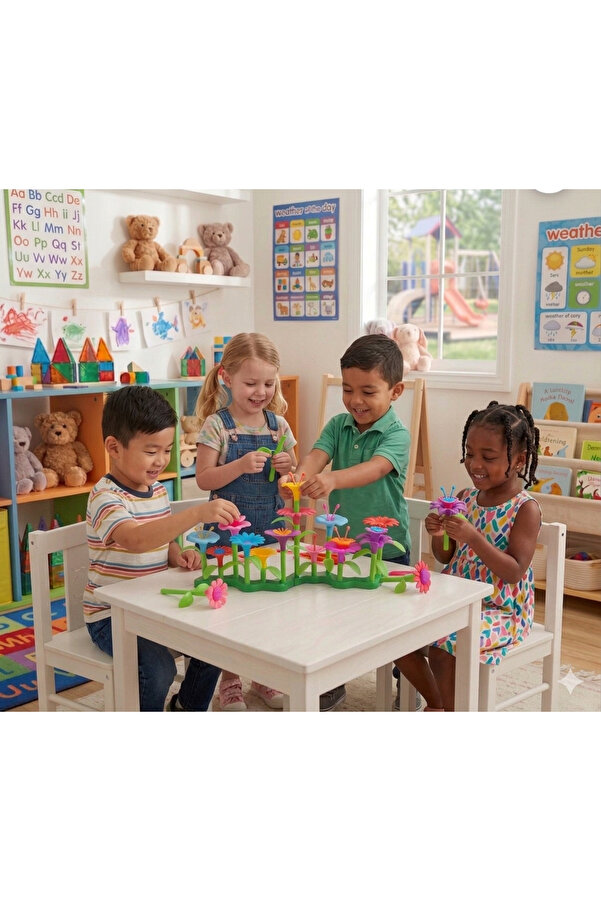 toysmilla Çiçek Bahçesi Oyuncağı Montessori Okul Öncesi +3 Yaş 52 Parça Yapım Seti Bul Tak Blok Eğitici