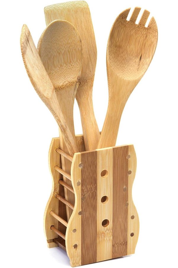 Generic Piece Utensils Set Bamboo Cooking , Serving Wooden Spoon With Stand Each 30 Cm Long Sandal Yellow