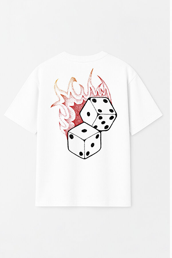 Unisex Stüssy Alevli Zar Baskılı Oversize %100 Pamuk Geniş Kesim Dokulu Bisiklet Yaka Beyaz Tişört