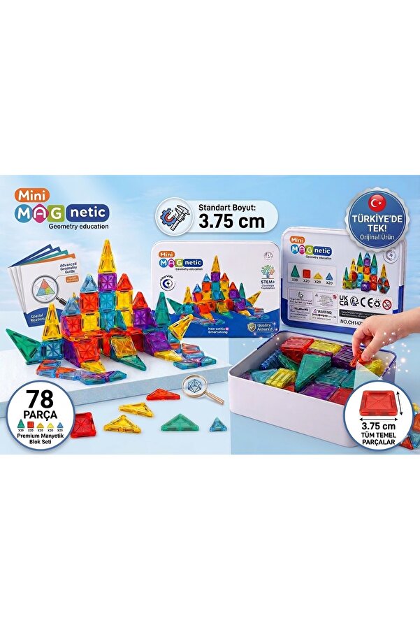 Magnetic Mini 78 Parça Manyetik Yapı Seti Eğitici Manyetik Blokları 3.75 cm Geometri Set