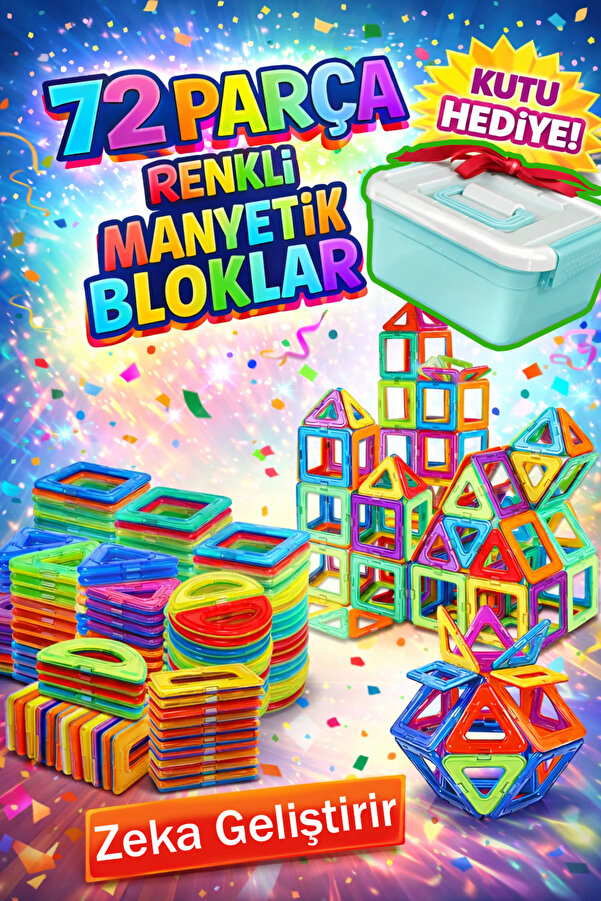 acces 72 Parça Manyetik Blok Seti Eğitici Oyuncak Renkli Güçlü Mıknatıslı Zeka Geliştirici Kutulu Set