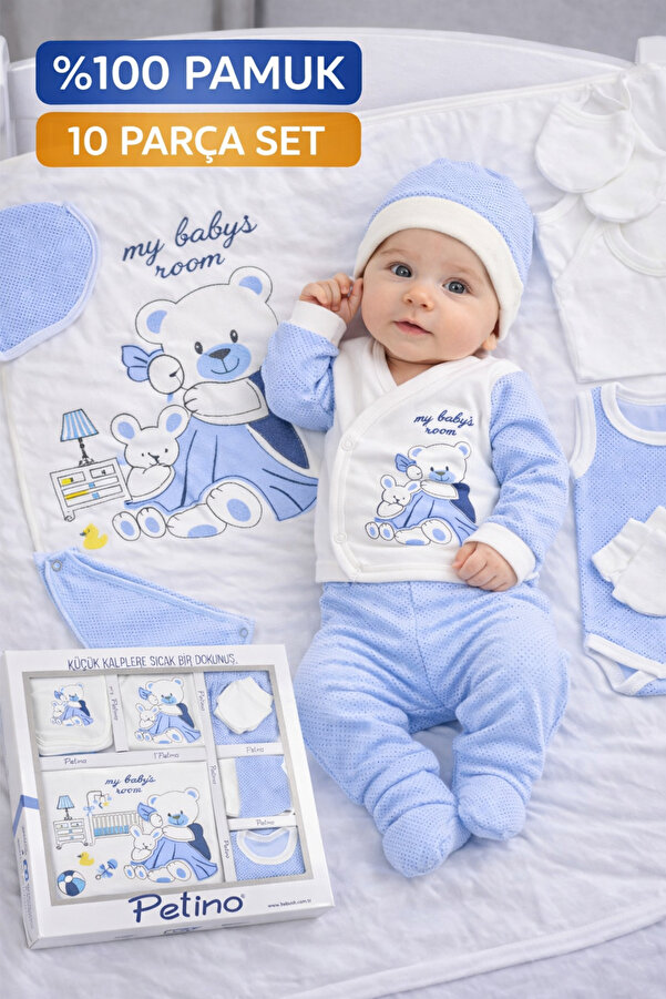 Petino Erkek Bebek Hastane Çıkışı 10 Parça Yenidoğan %100 Pamuk Ayıcıklı Nakışlı Hastane Çıkış Seti