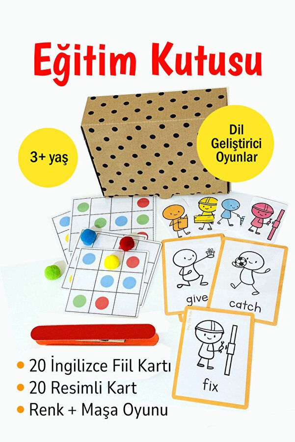 Ella's Style English İngilizce Eğitici Oyun Kutusu 40 Kart Maşa Renk Oyunu Montessori Aktivite