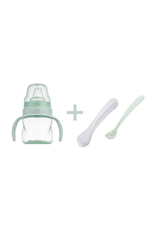 Mamajoo Antikolik Akıtmaz Alıştırma Bardağı 160 ml & İkili Ergonmik Beslenme Kaşığı - Powder Green