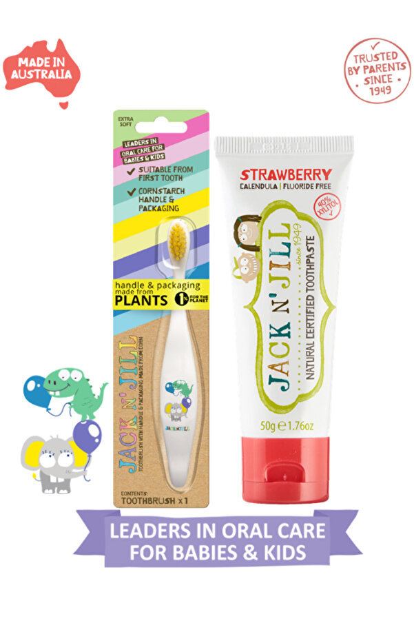 Jack N'Jill Jack N Jill Bebek Diş Fırçalama Seti (Fil&Dino Diş Fırçası - Çilek Aromalı Macun 50g)