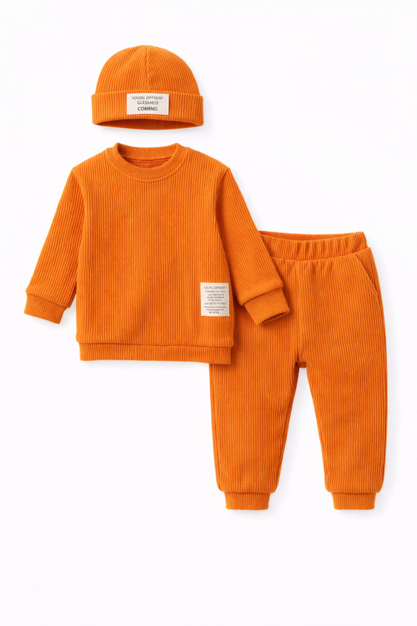 Bubito Unisex Şapkalı Arma Detaylı Waffle 3'lü Alt Üst Takım Seti-tarçın