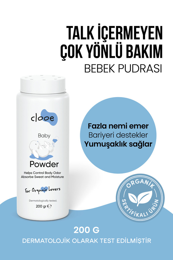 clooe Organik Bebek Pudrası (200GR) Organik Sertifikalı Ferahlatıcı Etki Hassas Ciltlere Özel Talk İçermez