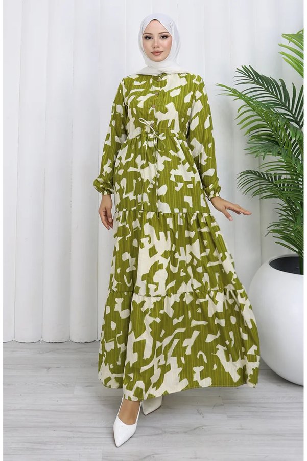 sefamerve Mandarin Collar, Belted Waist, Patterned Dress 0191-04 Khaki