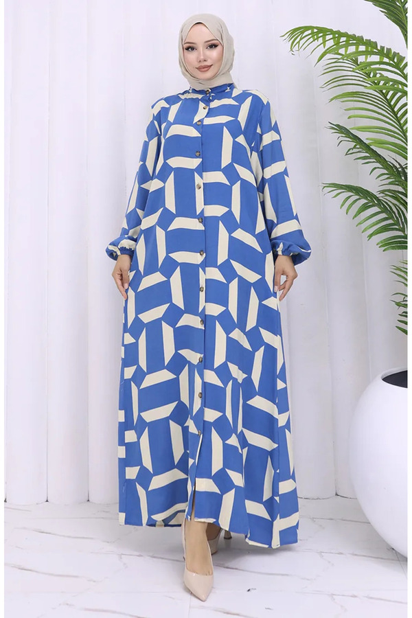 sefamerve Viscose Fabric Button-Down Patterned Dress 2030-04 Indigo Beige