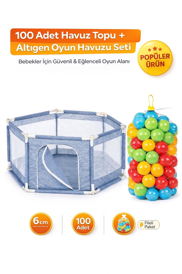 BebeMango 100 Adet 6 cm Havuz Topu + Altıgen Oyun Havuzu Seti | Katlanabilir Bebek Oyun Alanı | Fileli Paket