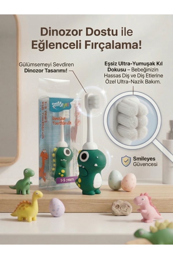 Smile yes 1-5 Yaş Ultra Soft Çocuk Diş Fırçası Dinozor Serisi Yeşil